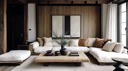 A cozy and inviting farmhouse-style living room with linen sofas, burlap-textured cushions, a woven coffee table centerpiece, a soft neutral rug, and vibrant green plants illuminated by natural light,