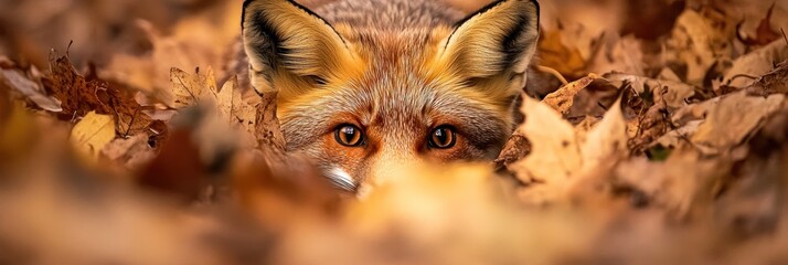 A fox peeking through autumn leaves.