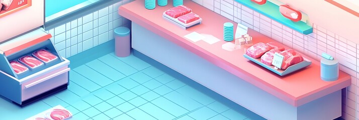 Colorful butcher shop interior with meat displays.