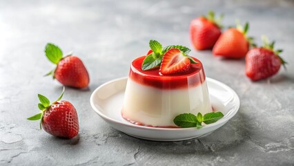 Panna cotta Italian dessert with fresh strawberries on a light background, Panna cotta, Italian dessert, strawberries, cream