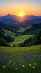 Fototapeta premium Vibrant sunset over rolling hills and wildflowers.