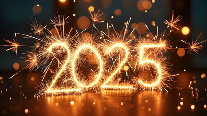 Happy new year 2025 written with Sparkle firework and bokeh background generated by AI