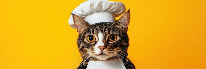Cat wearing a chef's hat against a yellow background.