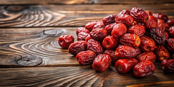 Dried red jujube dates on rustic wooden table, jujube, red dates, dried fruit, healthy snack, wooden table, organic