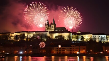 Obraz premium Fireworks over Vltava river and Prague Castle, Czech Republic generated by AI