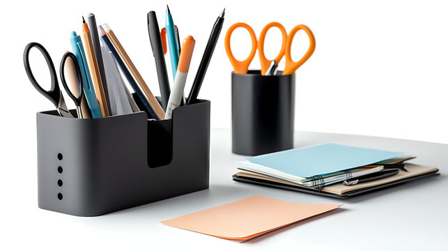 A black desk organizer with a black pen holder and a black cup