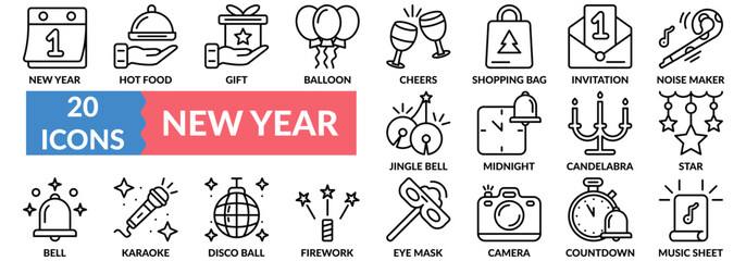 NEW YEAR icon set with gift, balloon, cheers, jingle bell, midnight, star, firework, countdown