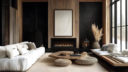 A cozy modern farmhouse living room with a tall stone fireplace, vintage-inspired decor such as lanterns and framed artwork, soft neutral furniture with textured throws, layered rugs,