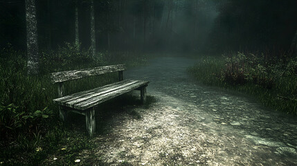 Fototapeta premium Lonely wooden bench on a foggy forest path.