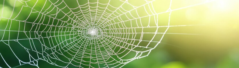 Obraz premium Intricate Spider Web Glowing in Natural Light with Soft Green Background highlighting Nature's Beauty and Delicacy in the Morning Dew