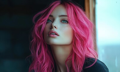 Naklejka premium Moody Portrait of Woman with Vibrant Pink Hair Looking Through Foggy Window