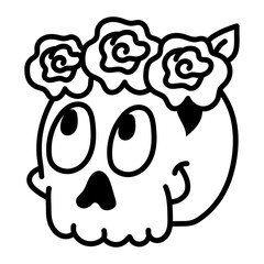 A hand drawn icon of mexican skull wearing flower headband
