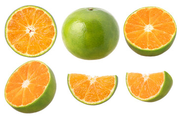 Close-up, Tangerine orange or Clementine, half and slices isolated, transparent PNG, PNG format,...