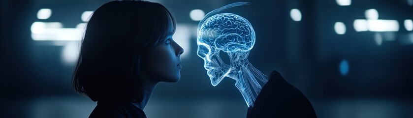 Obraz premium A Futuristic Encounter Between a Woman and a Transparent Robotic Skull with a Glowing Brain Set in a High-Tech Environment with Soft Lighting