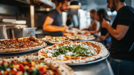 Delicious pizzas with fresh toppings served in modern restaurant, showcasing diverse group of people enjoying their meal. vibrant atmosphere enhances dining experience