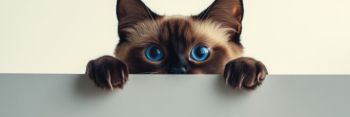 Fototapeta premium Cat peeking over a surface with bright blue eyes.