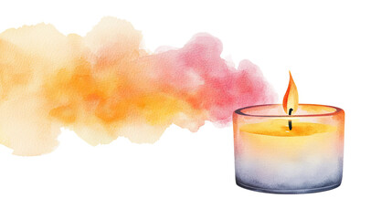Colorful watercolor illustration of a burning candle with soft smoke in warm tones for serene ambiance and relaxation