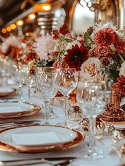 Elegant Wedding Table Setting with Copper Accents and Luxurious Floral Arrangement.