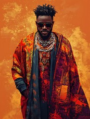 Obraz premium Stylish African Man in Vibrant Traditional Clothing Against an Abstract Background.