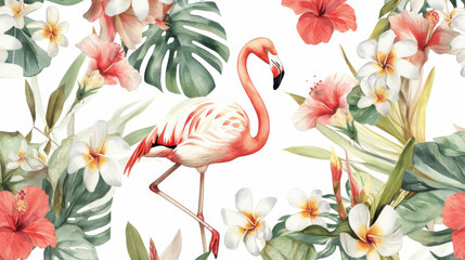 vibrant flamingo stands amidst lush tropical foliage and colorful flowers, creating lively and cheerful atmosphere. This scene captures essence of tropical paradise