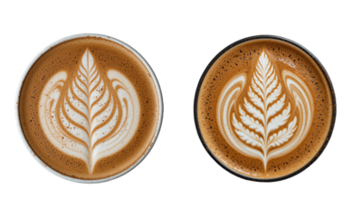 Two expertly crafted cups of coffee showcase stunning latte art with detailed leaf patterns. The drinks are presented in contrasting vessels, emphasizing their artistry.