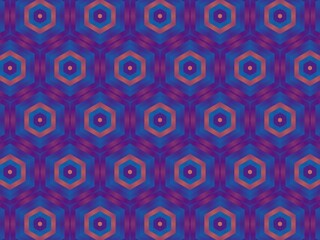 Seamless geometric pattern of hexagons with concentric circles in purple and copper tones.