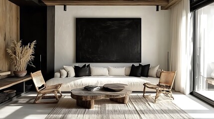 A minimalist country living space with wicker chairs, a soft beige sofa, a woven rug, lush green potted plants, and sunlight illuminating the white-washed walls and natural textures, hd detail,