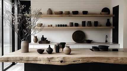 A minimalist farmhouse kitchen featuring open wooden shelves against white shiplap walls, neutral-toned pottery and glassware neatly arranged, a reclaimed wood island,