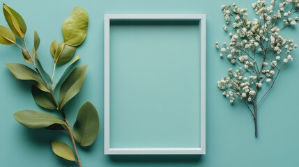 Minimalist frame and greenery arrangement on teal backdrop with ample negative space for creative design or photography applications