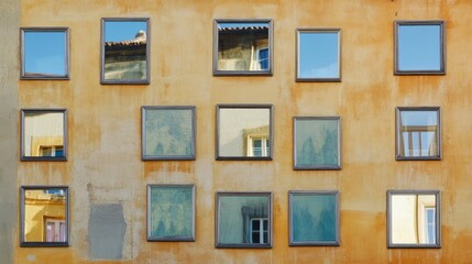 Modern facade featuring randomly arranged frameless square mirrors reflecting an urban environment on a renovated building exterior