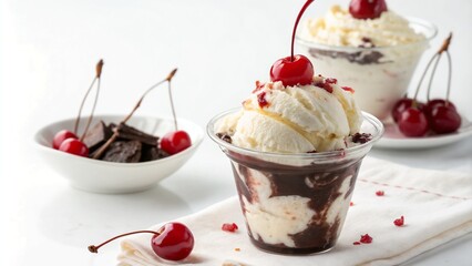 Ice cream dessert with cherry and chocolate in plastic cup