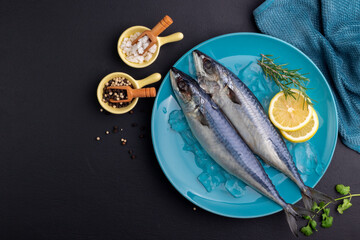 Raw Mackerel with Rosemary Lemon, Basil and Salt. Healthy fresh seafood placed on a blue plate. Black background. Top view with space for text.