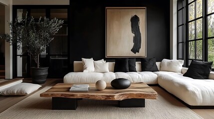 A modern farmhouse living room with a reclaimed wood coffee table, soft jute rugs layered for texture, sleek black-framed windows, neutral furniture with soft cushions,