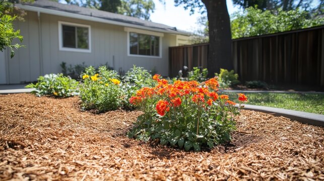 Vibrant Flowers in Garden Bed with Mulch