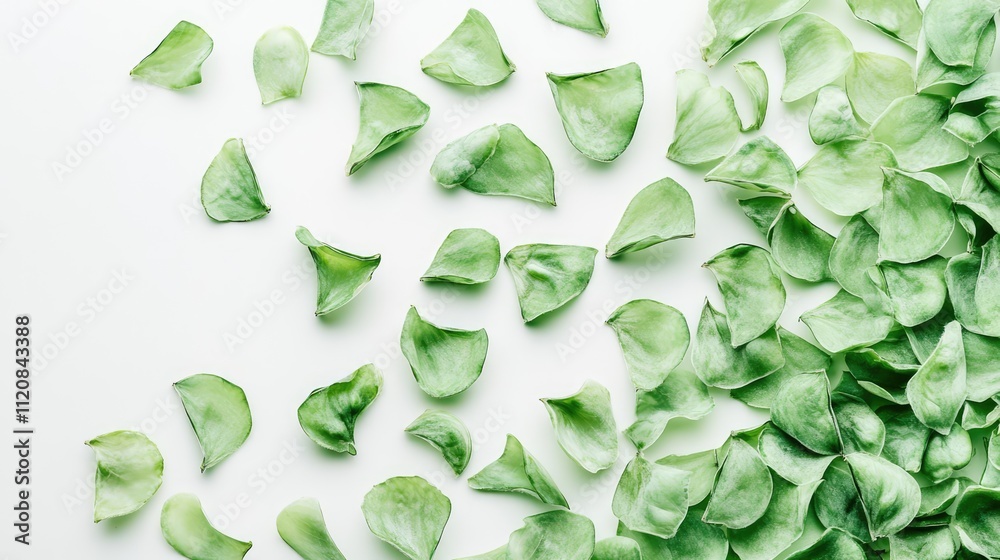Poster green pea shells scattered on a white background creating a fresh and vibrant natural texture for cu