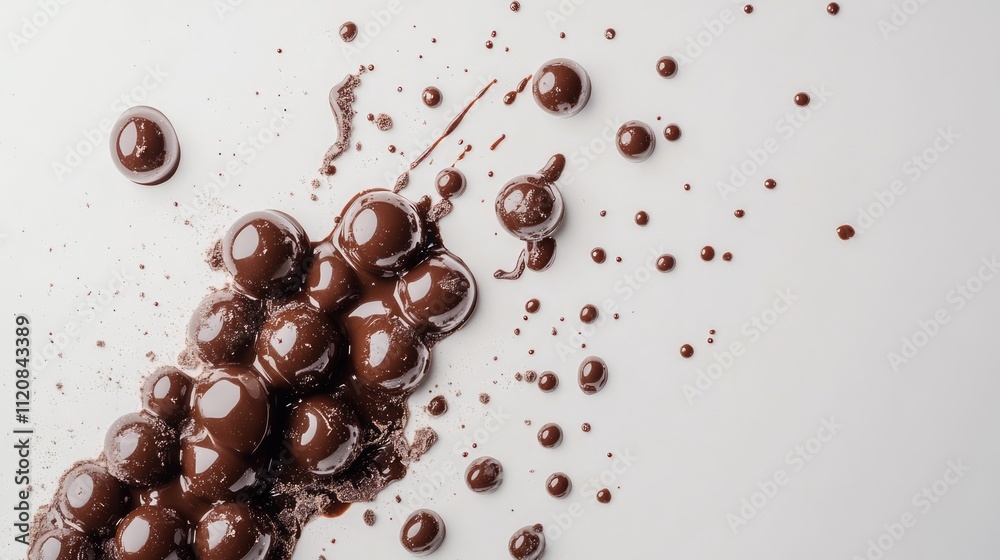 Poster Chocolate bubble heap and splashes on a light background capturing the rich texture and glossy finish of melted chocolate.
