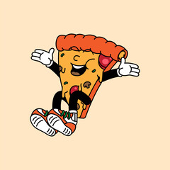 Pizza retro vintage mascot character clip art. Pizza Fast Food Retro vintage mascot character with gloved hand and foot. Walking, waving, standing, funny, cute.