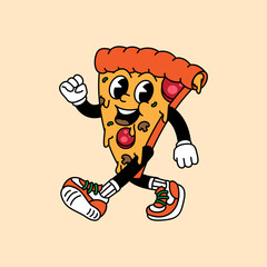 Pizza retro vintage mascot character clip art. Pizza Fast Food Retro vintage mascot character with gloved hand and foot. Walking, waving, standing, funny, cute.