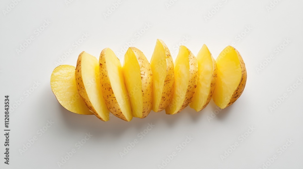 Aufkleber sliced yellow potatoes arranged in a line on a clean white background showcasing fresh produce and c
