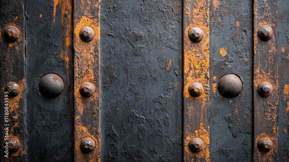 Poster rusty industrial metal background with rivets showcasing a grunge texture and weathered black steel 