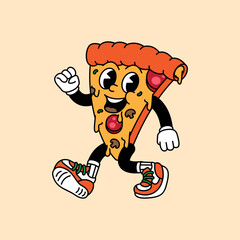 Pizza retro vintage mascot character clip art. Pizza Fast Food Retro vintage mascot character with gloved hand and foot. Walking, waving, standing, funny, cute.