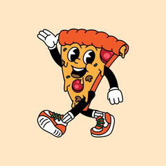Pizza retro vintage mascot character clip art. Pizza Fast Food Retro vintage mascot character with gloved hand and foot. Walking, waving, standing, funny, cute.