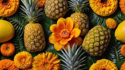 Tropical Pineapples and Orange Flowers Arranged on Leaves