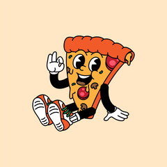 Pizza retro vintage mascot character clip art. Pizza Fast Food Retro vintage mascot character with gloved hand and foot. Walking, waving, standing, funny, cute.