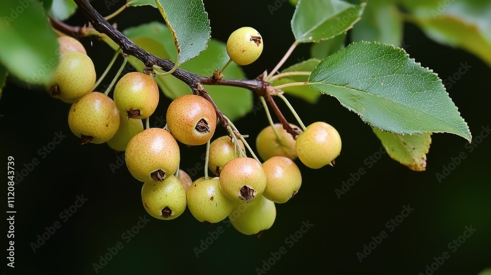 Poster hawthorn tree berries on branch surrounded by lush green leaves with a dark background showcasing na
