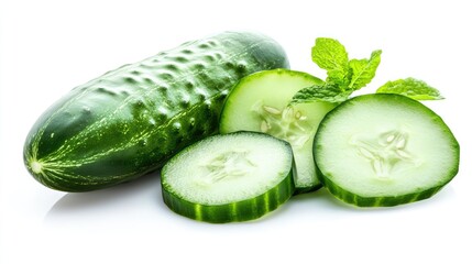 Fresh green cucumber with sliced pieces and mint leaves on a clean white background showcasing healthy food and vibrant colors.