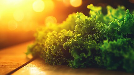 Vibrant green lettuce leaves resting on a rustic wooden table illuminated by warm sunlight creating a fresh and inviting atmosphere