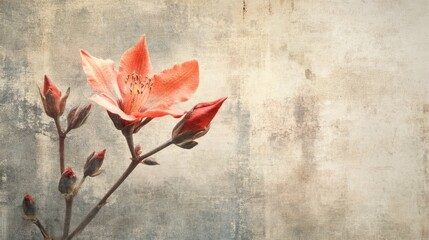 Vintage floral backdrop featuring a single red flower and unopened buds with a textured muted background for artistic compositions