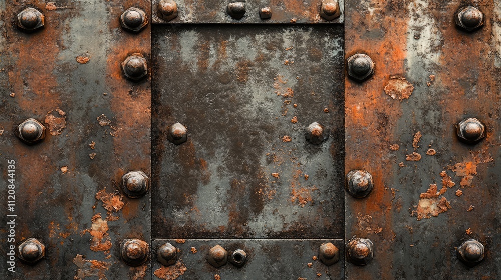 Poster rusty metal surface with grunge screws and bolts creating an industrial texture background for desig