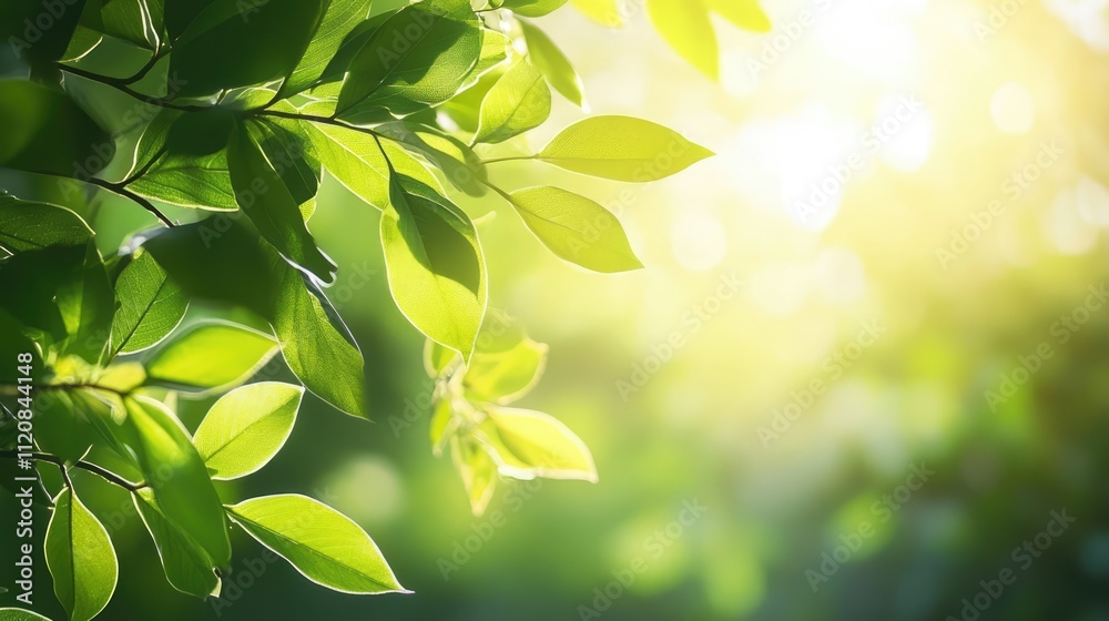 Poster sunlit green foliage background with soft bokeh in summer highlighting nature's vibrant colors and t